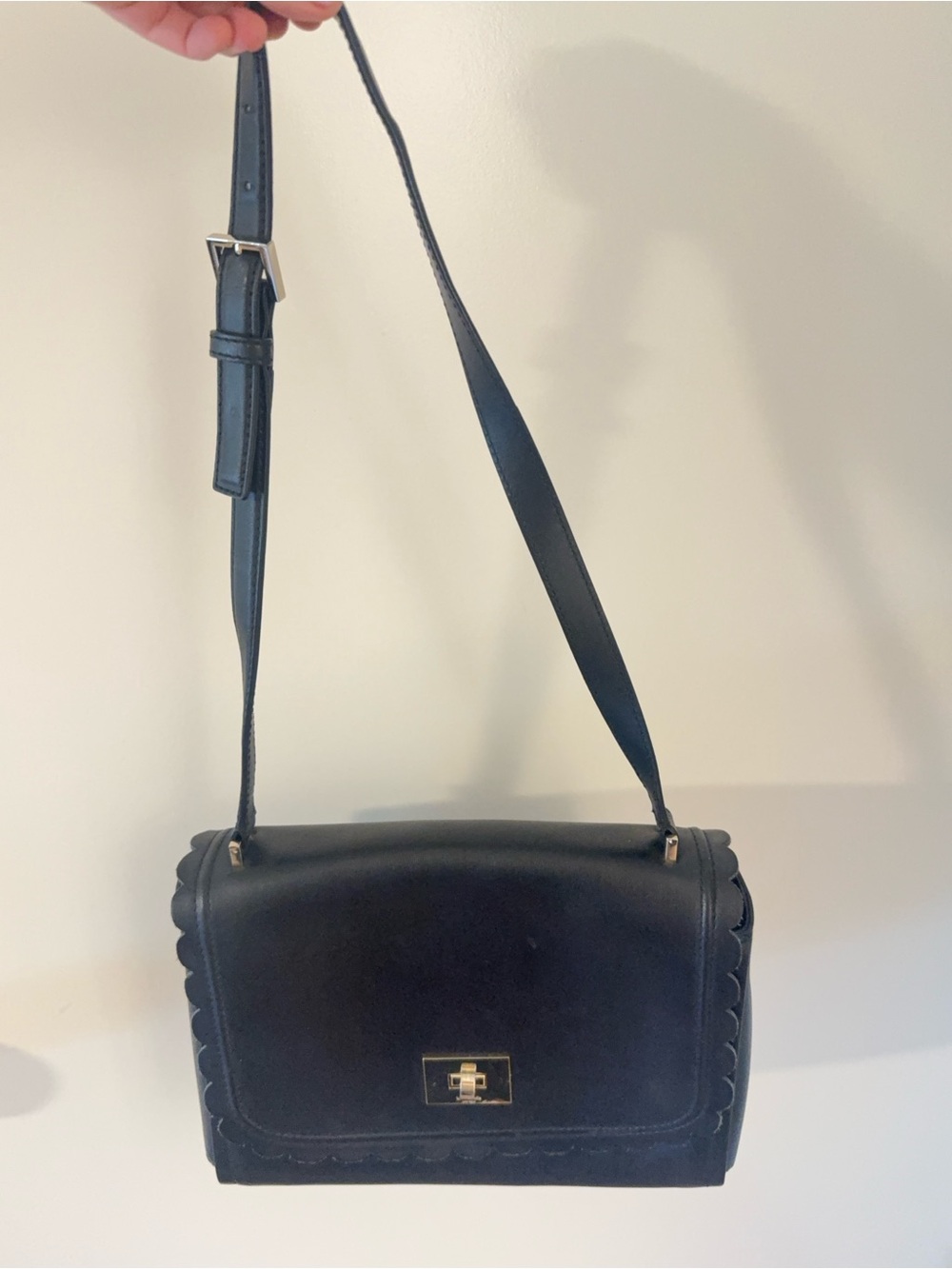 Kate Spade Black Leather Scalloped Crossbody Shoulder Bag